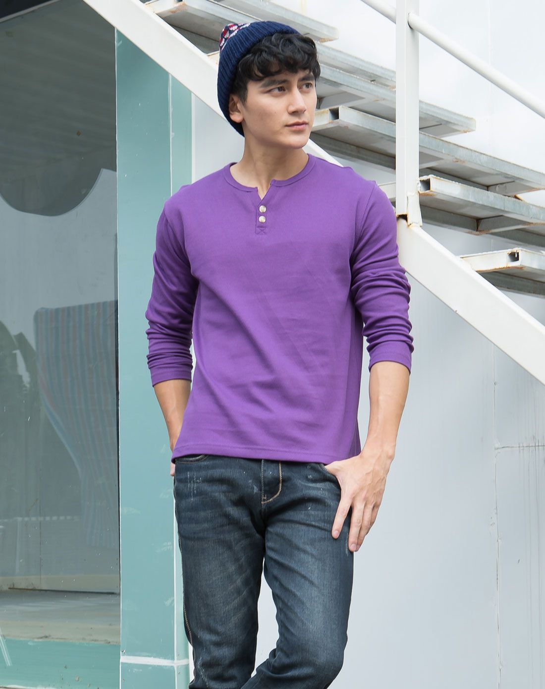 紫色 男款v领长袖t恤