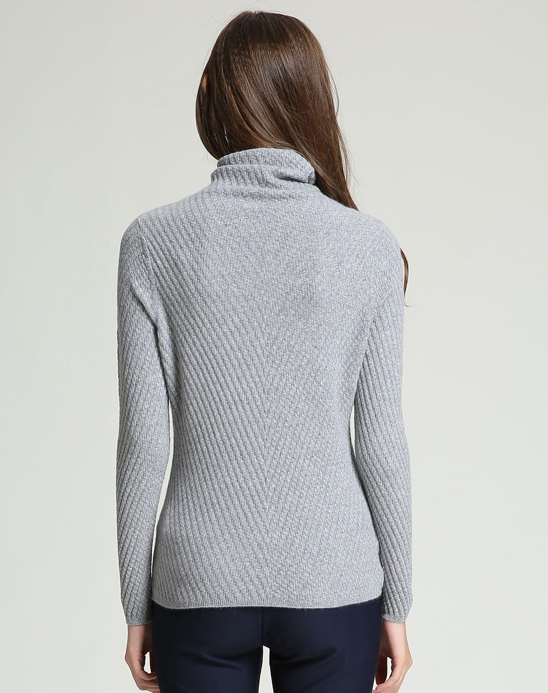 女款浅青灰加厚高领提花纯羊绒衫