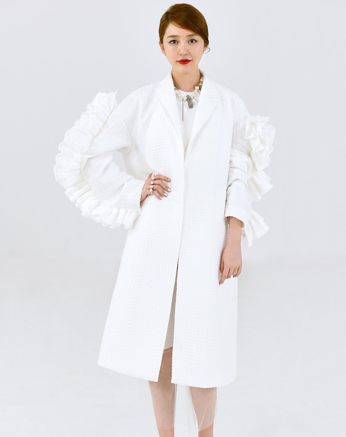 尹恩惠同款女神新装4白色3d提花翻领大衣
