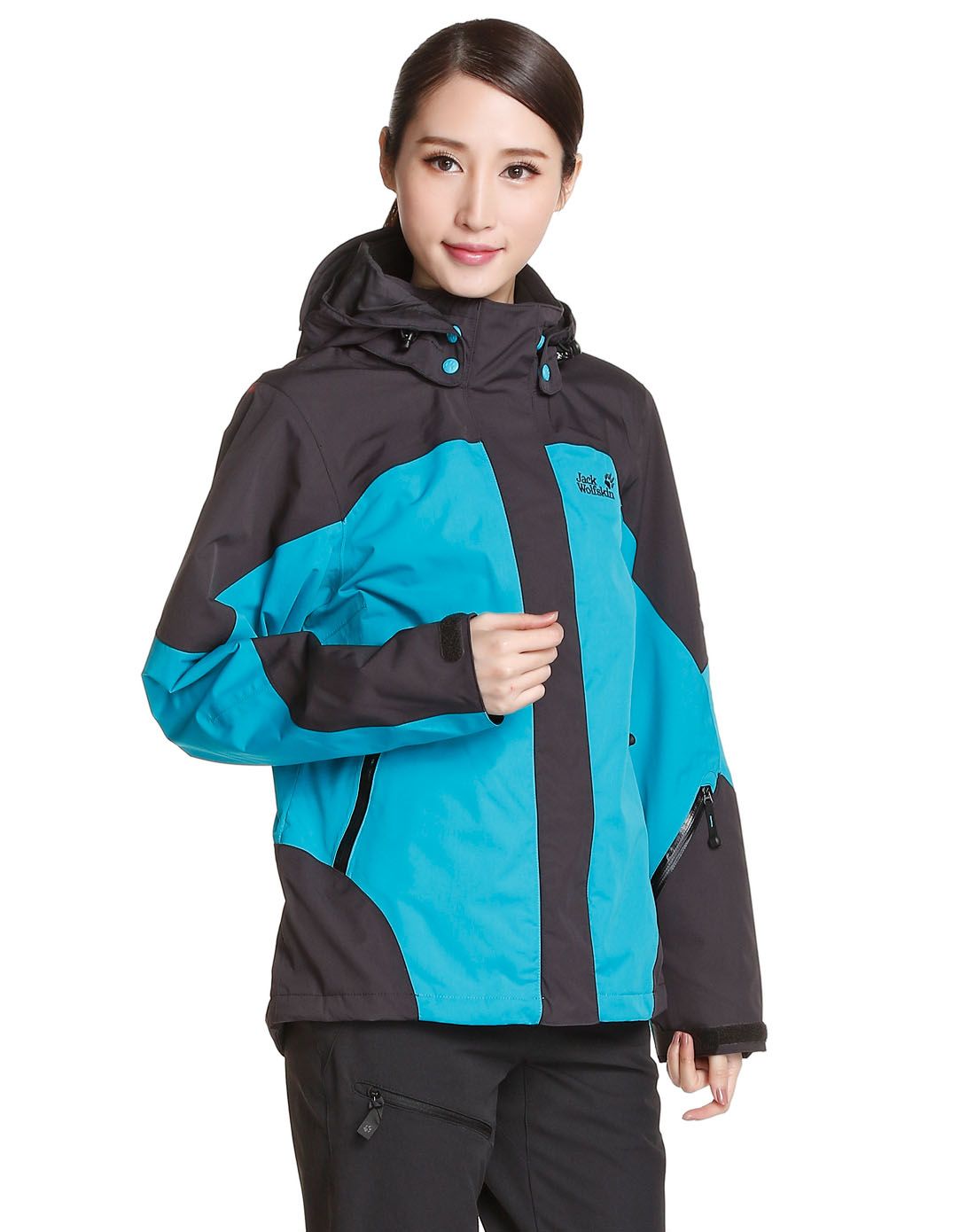 舒适保暖 女款蓝绿色单冲锋衣 长袖连帽