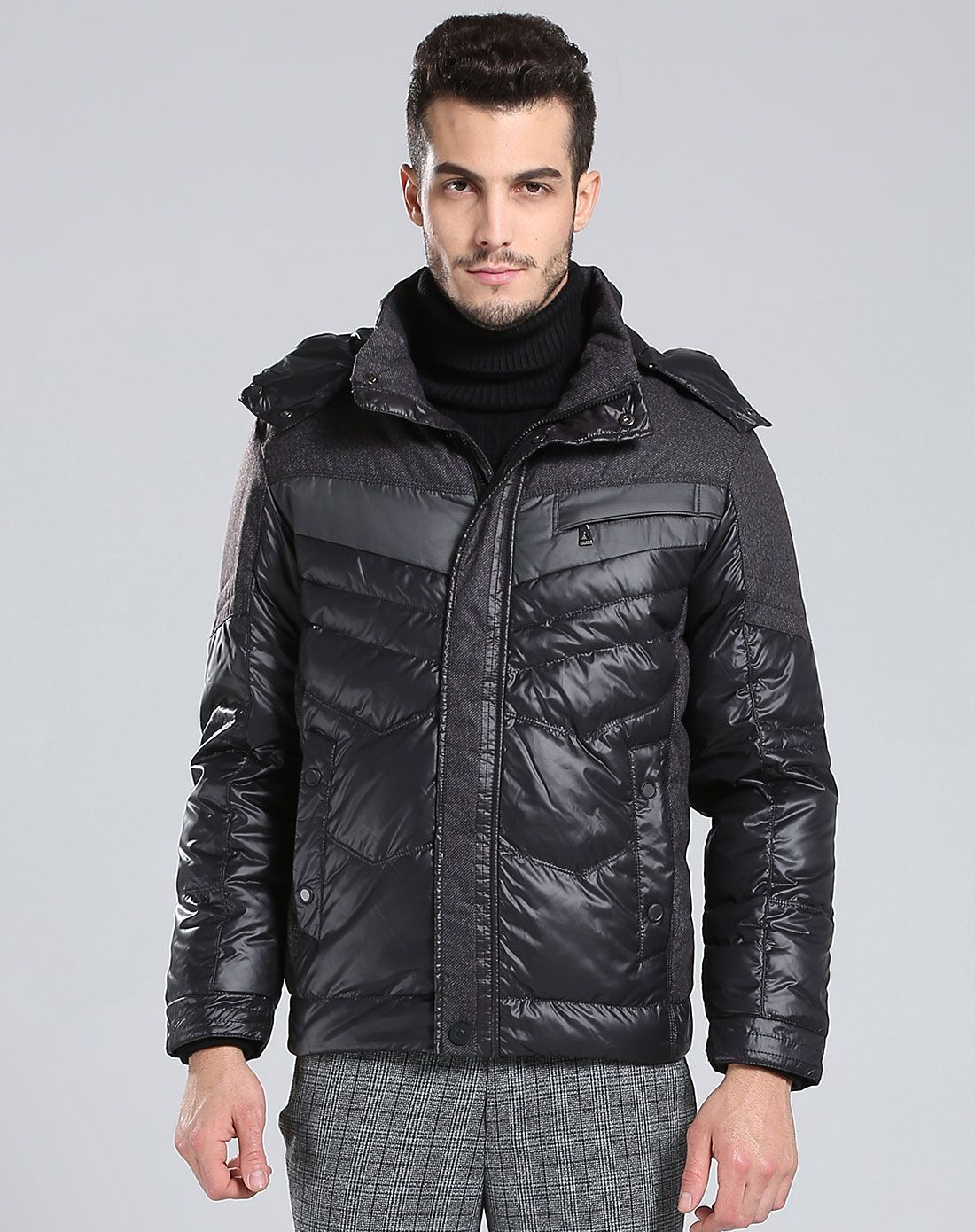男式黑色立领商务休闲加厚短款羽绒服-唯品会