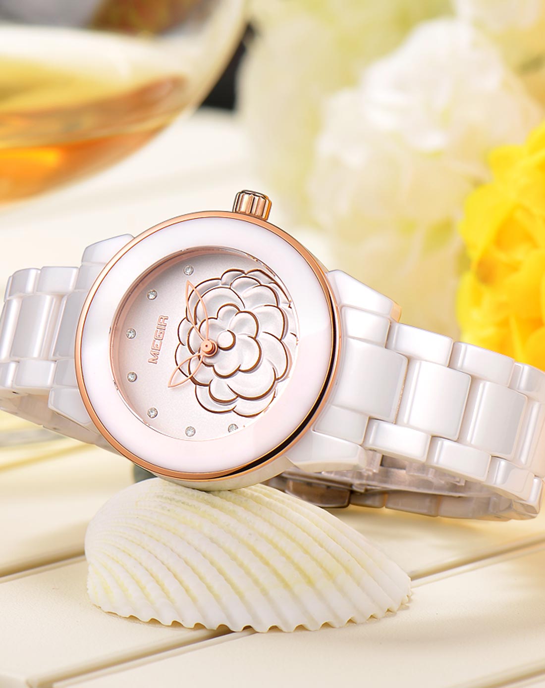 进口机芯女士镶钻山茶花陶瓷石英表