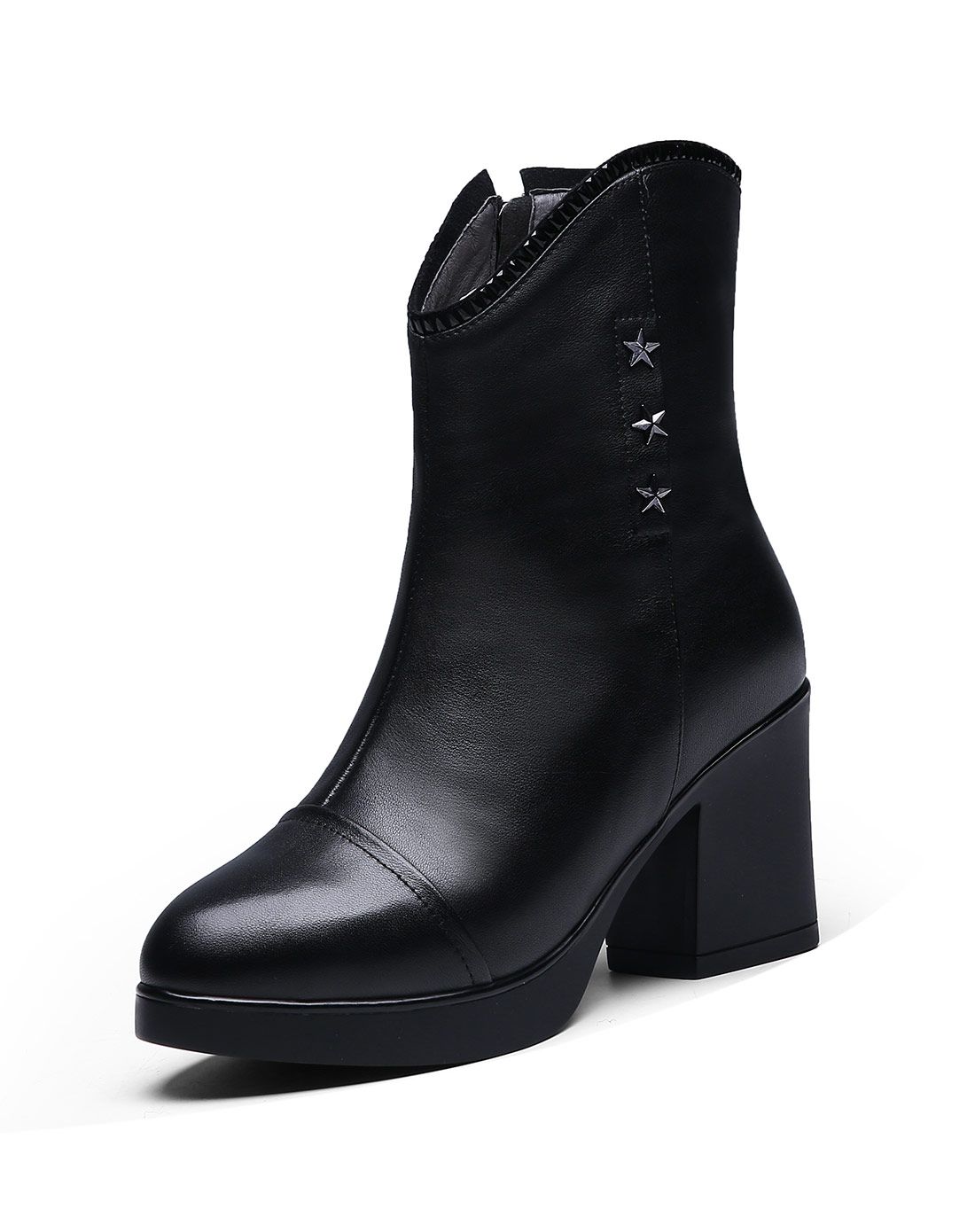 女款黑色牛皮个性铆钉保暖中靴