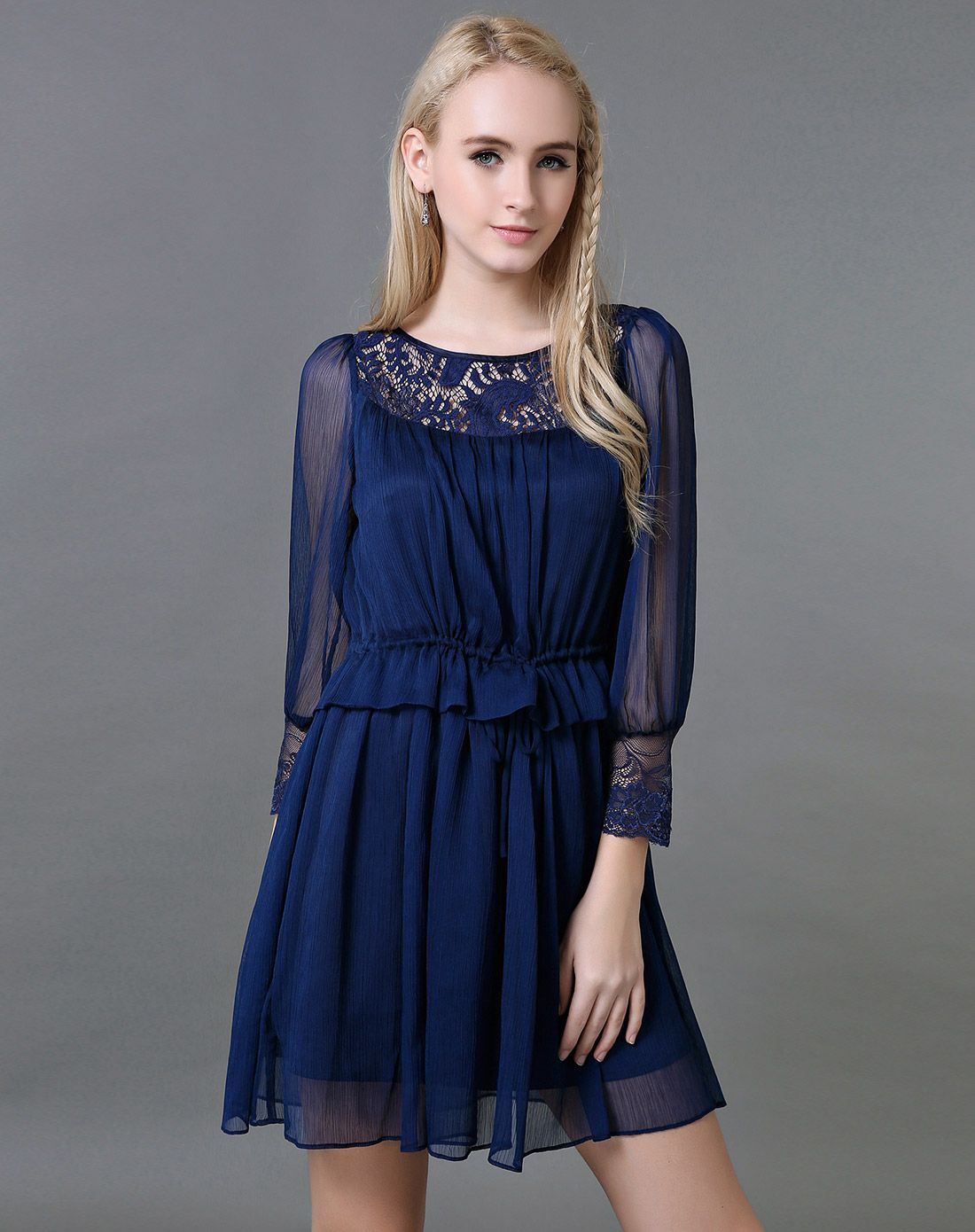 女款深蓝色圆领蕾丝连衣裙
