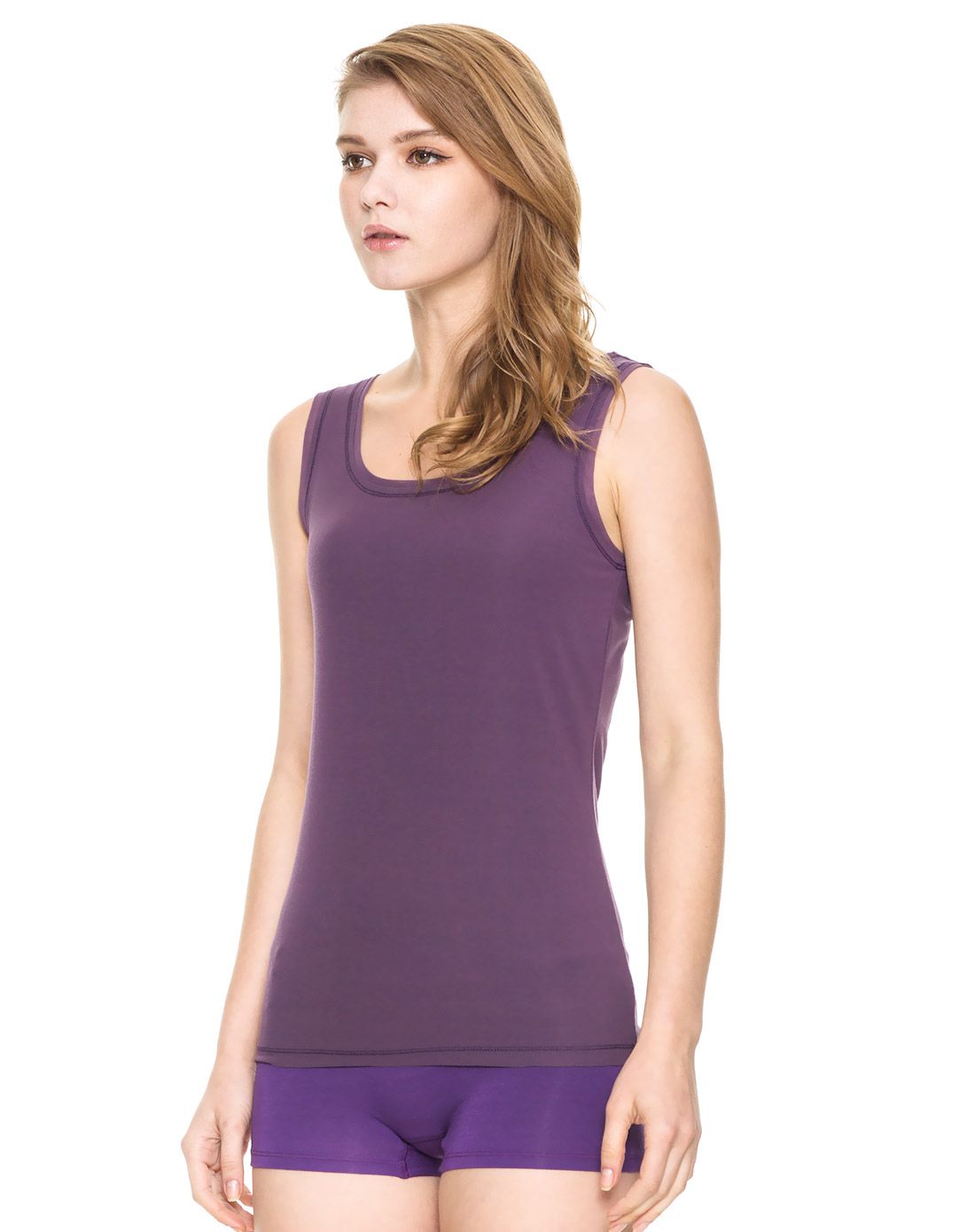 女暗紫细柔莫代尔无痕圆领女背心