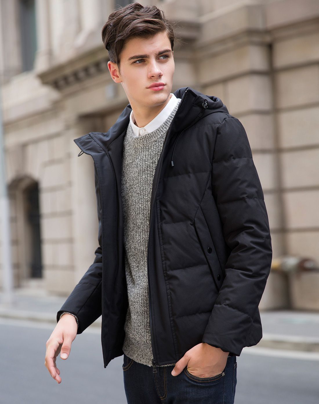 男款黑色连帽羽绒服-唯品会