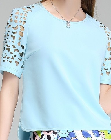 (特惠)淡青色韩版时尚设计镂空衬衫