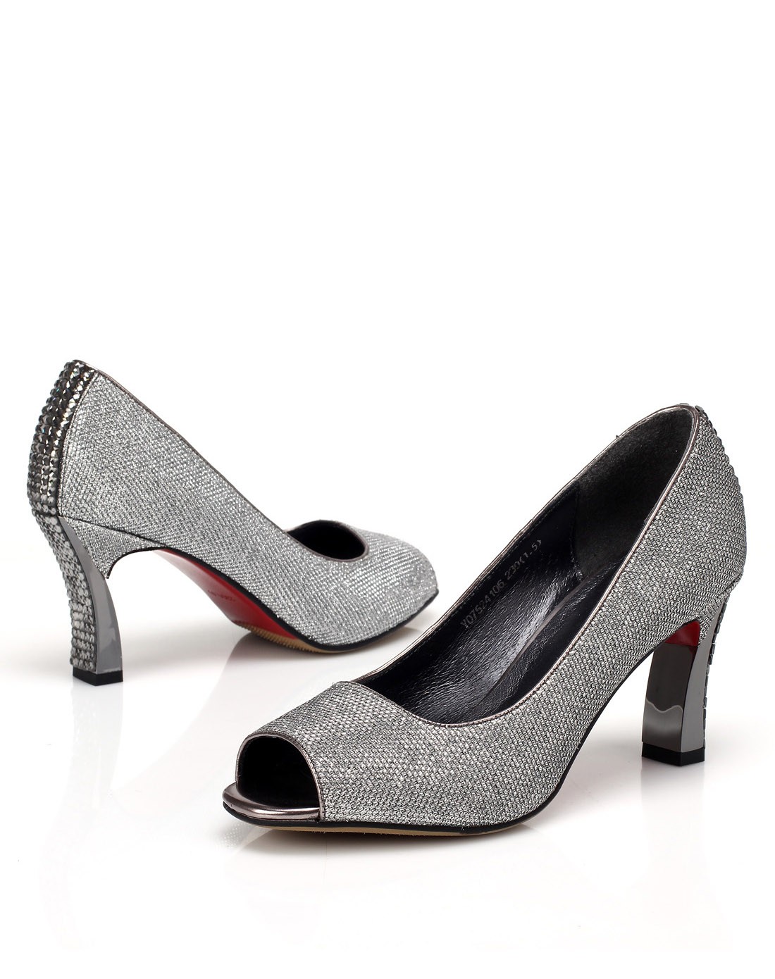 枪色/银灰色闪耀夺目高跟鱼嘴单鞋