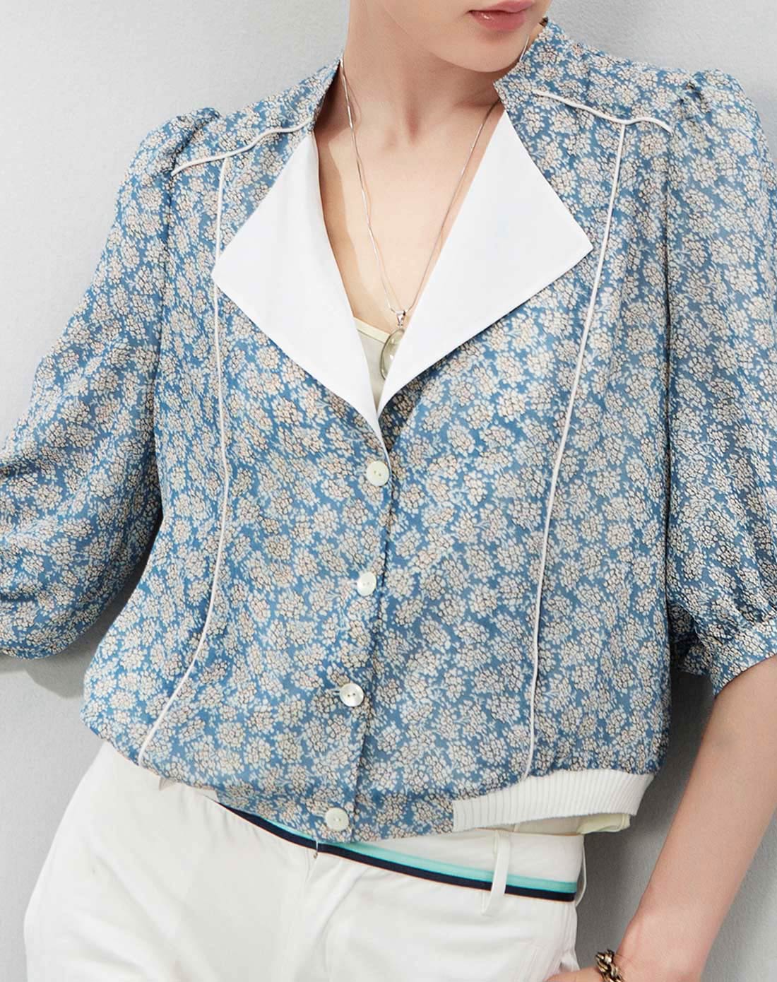 蓝底白花时尚简约翻领印花短外套上衣