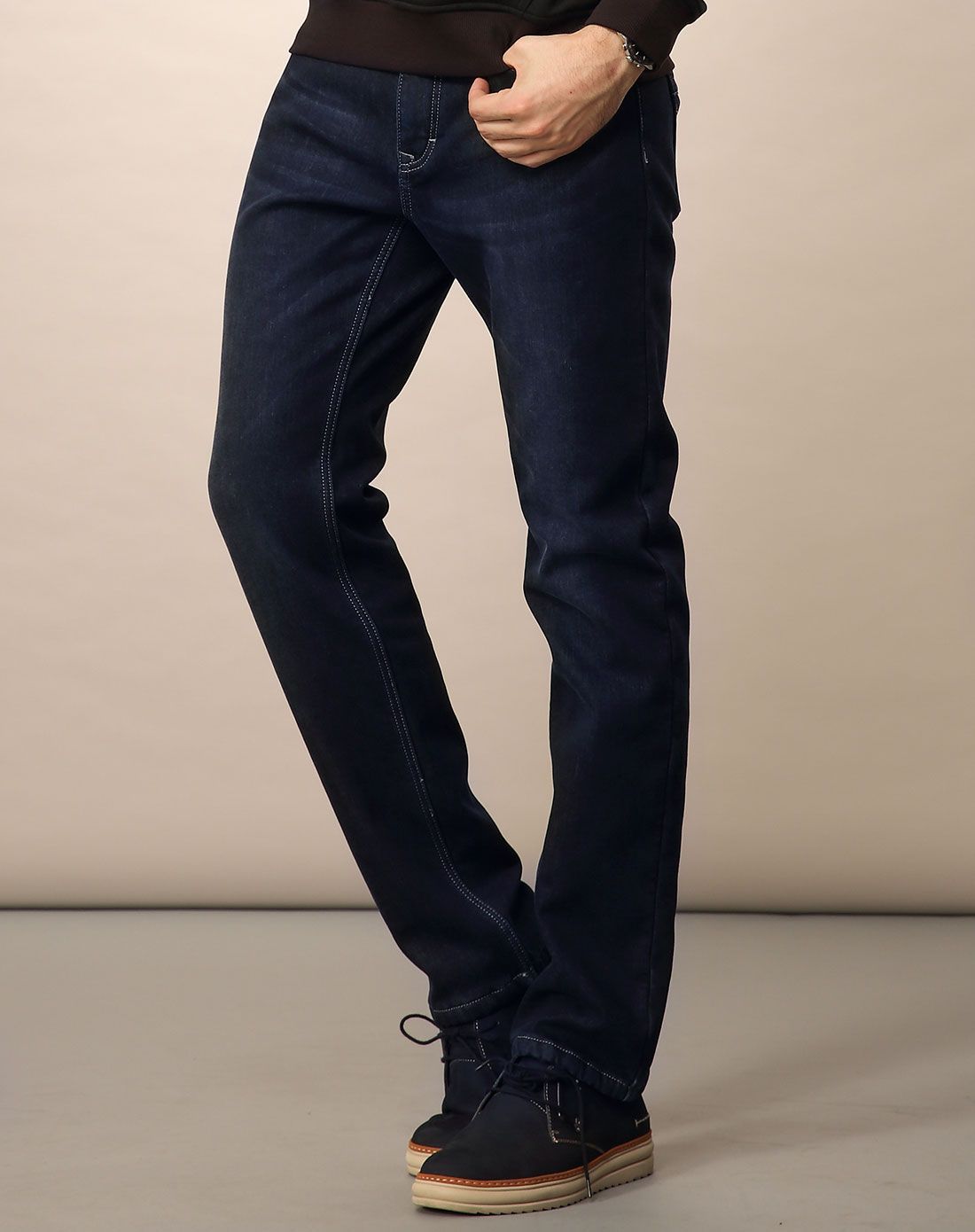 水洗直筒 加绒加厚 男款蓝黑色牛仔长裤