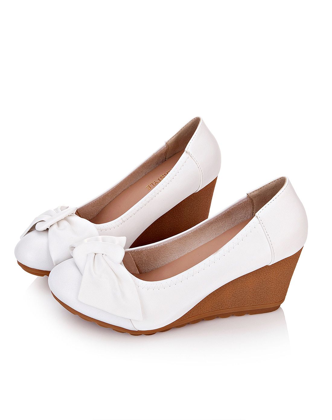 白色牛皮坡跟蝴蝶结女士单鞋