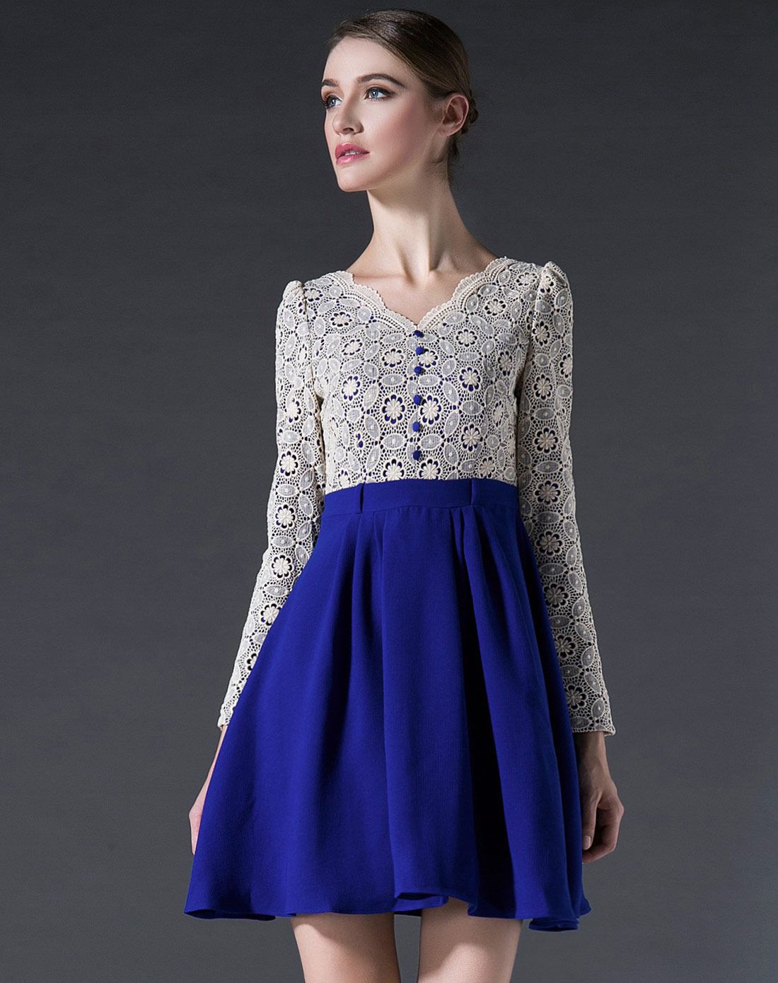 米蓝色长袖知性优雅修身连衣裙