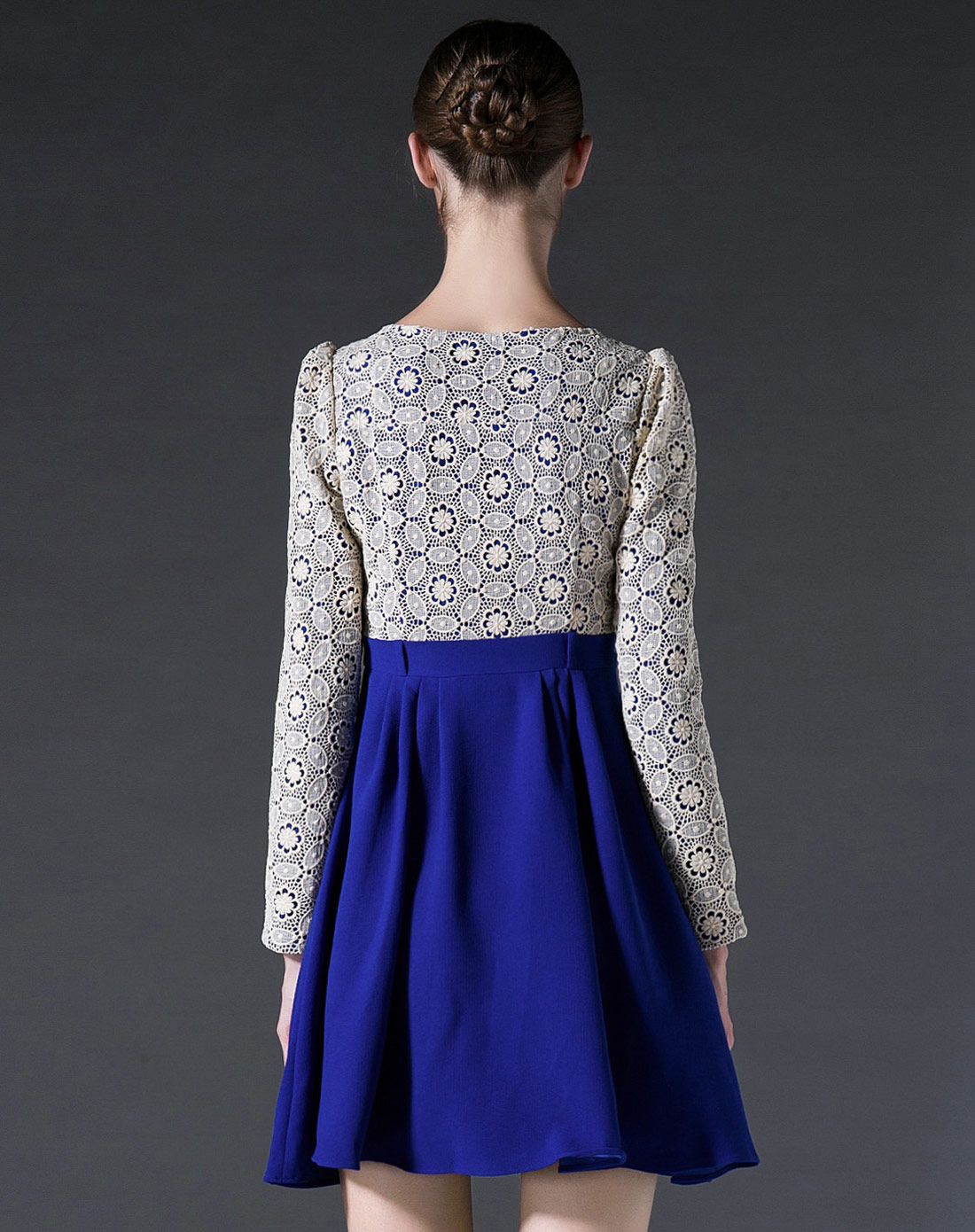 米蓝色长袖知性优雅修身连衣裙