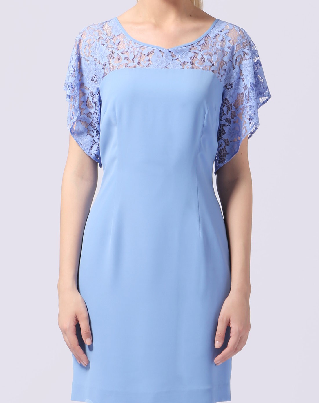 雾蓝色浪漫清新蕾丝短袖连衣裙