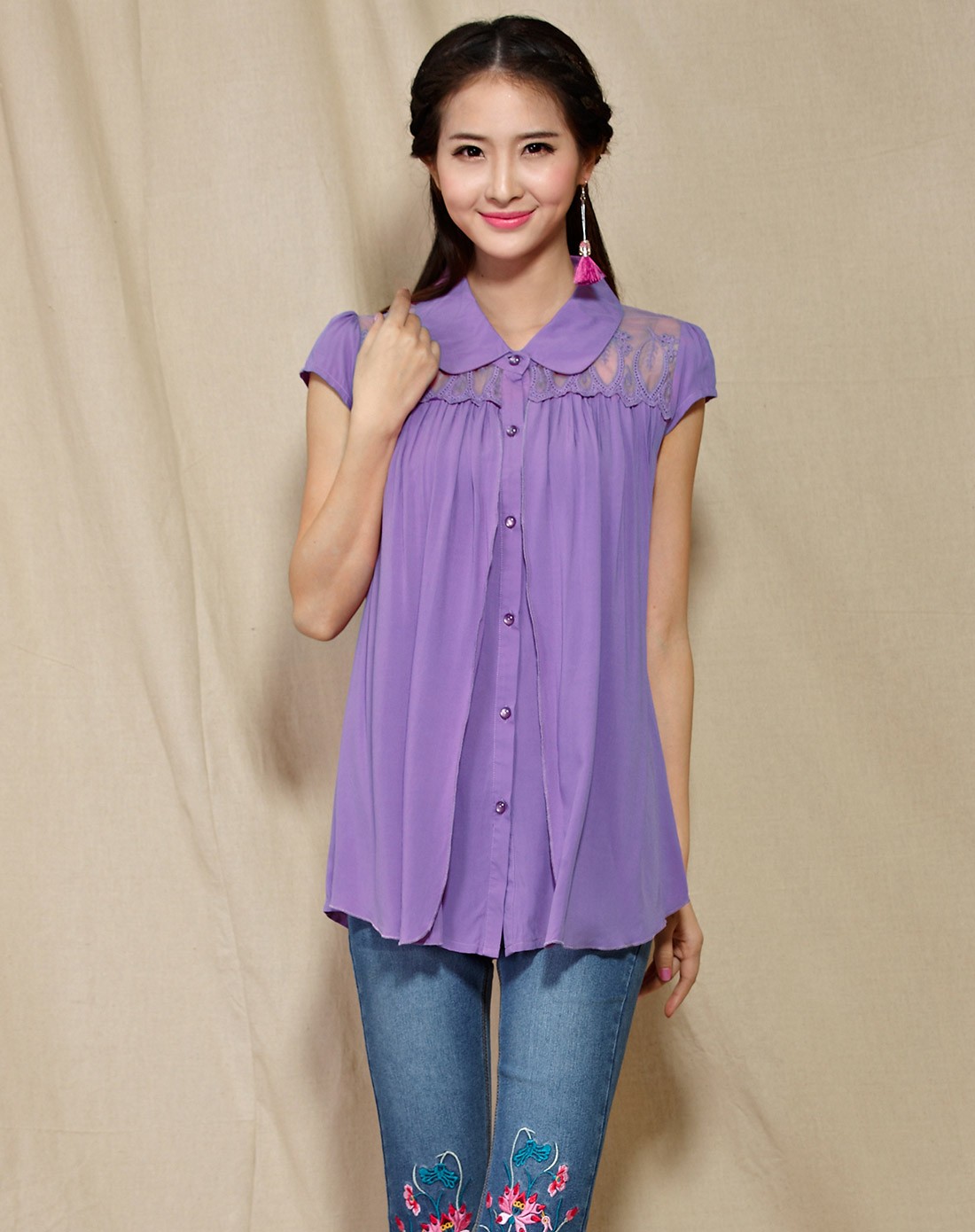 粉紫色韩版网纱镂空拼接短袖衬衫