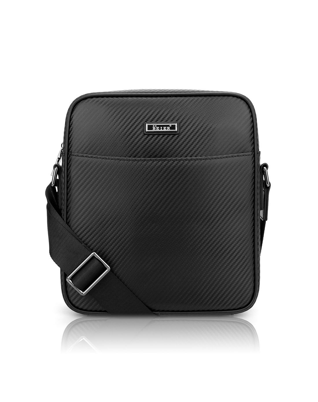 男黑色碳纤维牛皮单肩包