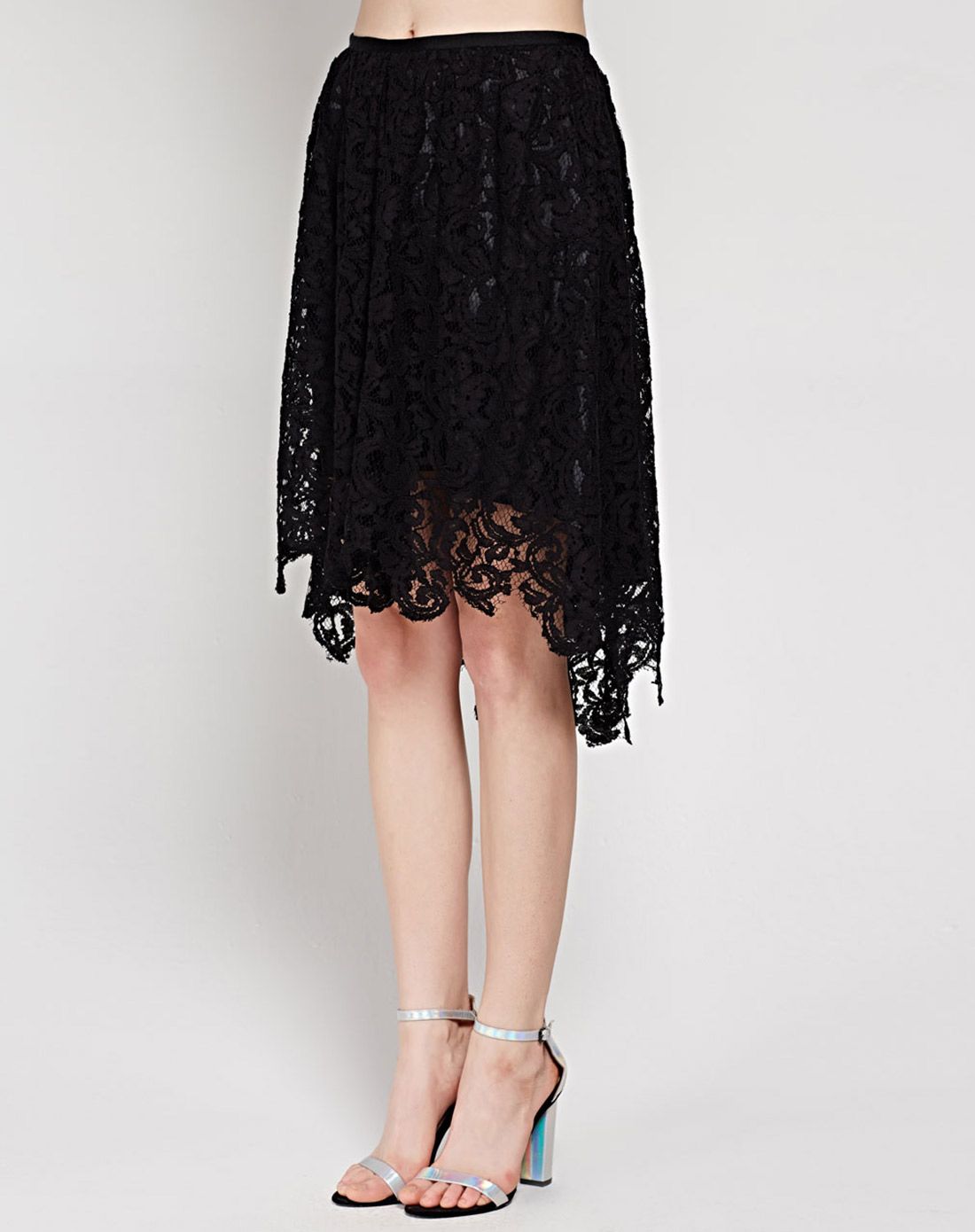 黑色性感蕾丝不规则下摆中裙