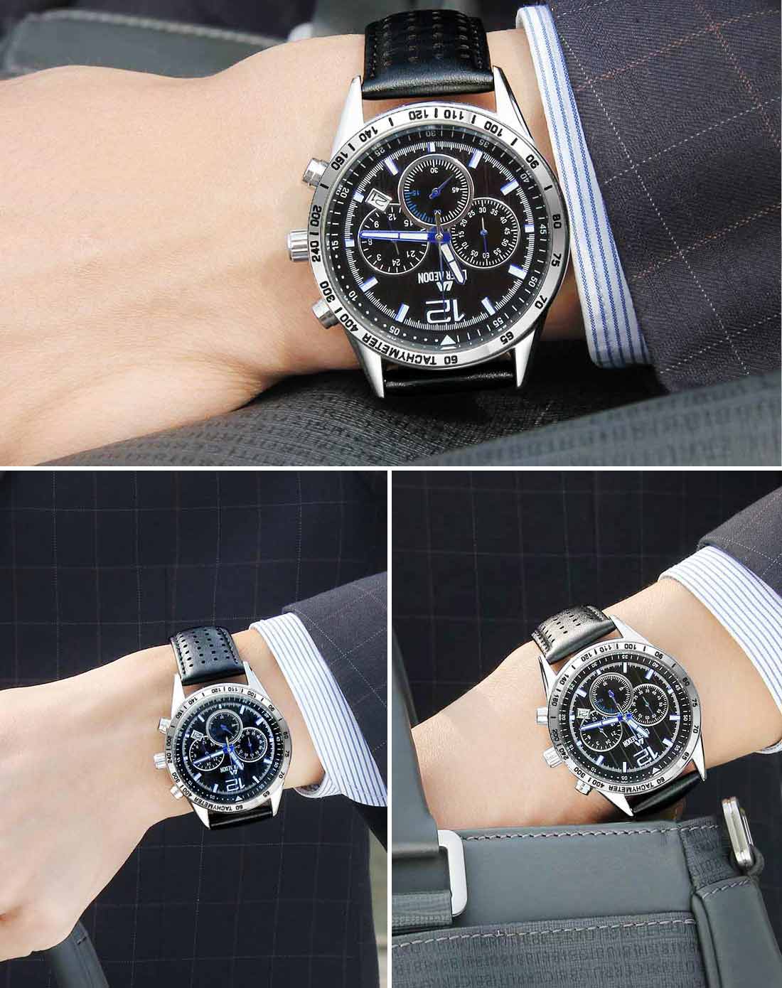 探险家系列三眼蓝丁皮带多功能运动男表