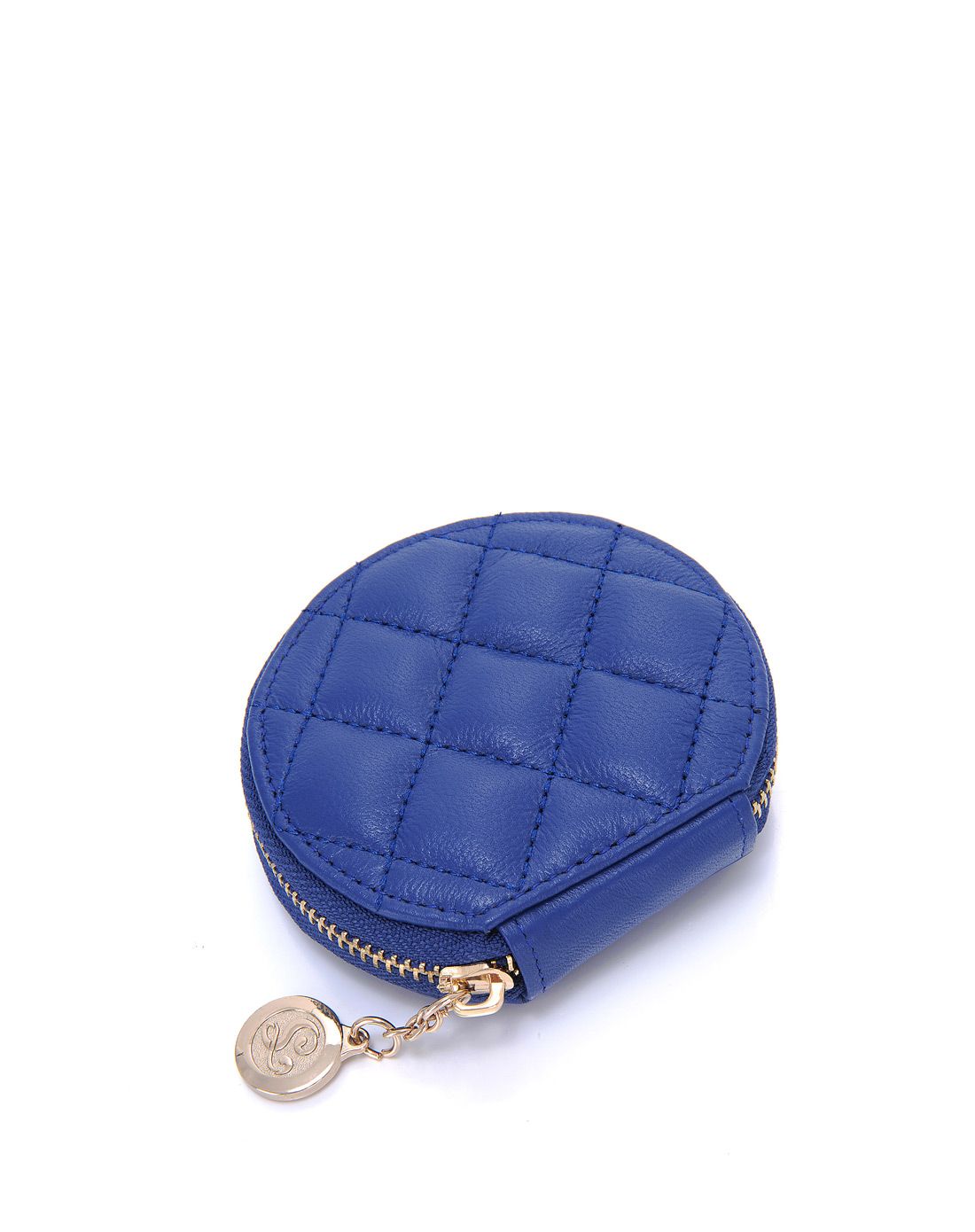 女士宝蓝色羊皮菱格欧美圆款零钱包