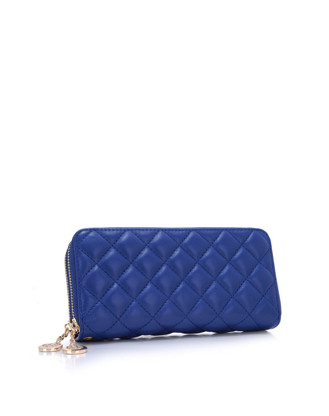 女士宝蓝色羊皮菱格欧美双拉长钱包