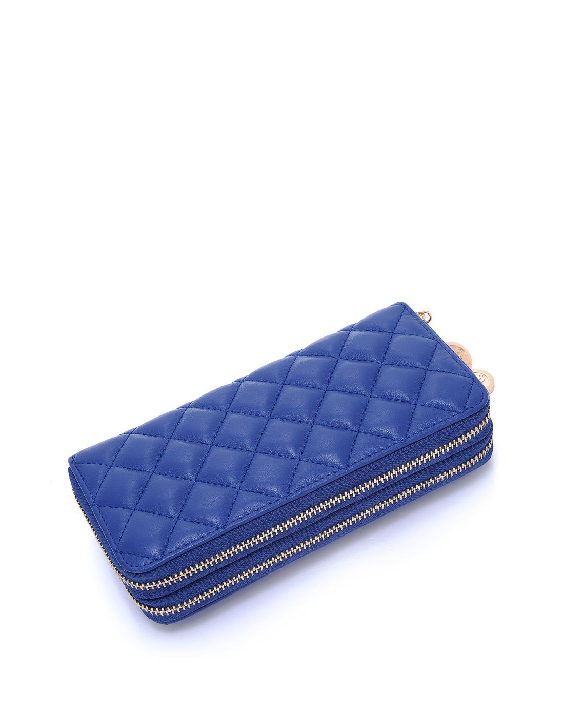 女士宝蓝色羊皮菱格欧美双拉长钱包